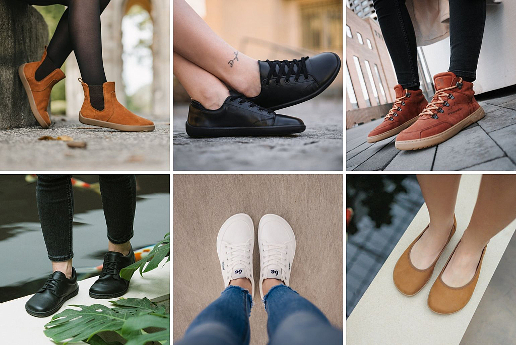 Barefoot shoes review - different BeLenka shoes in a grid -  brown boots, black sneakers, clay lace-up boots, black formal shoes, white sneakers, beige ballet flats - Lookforsmile.com
