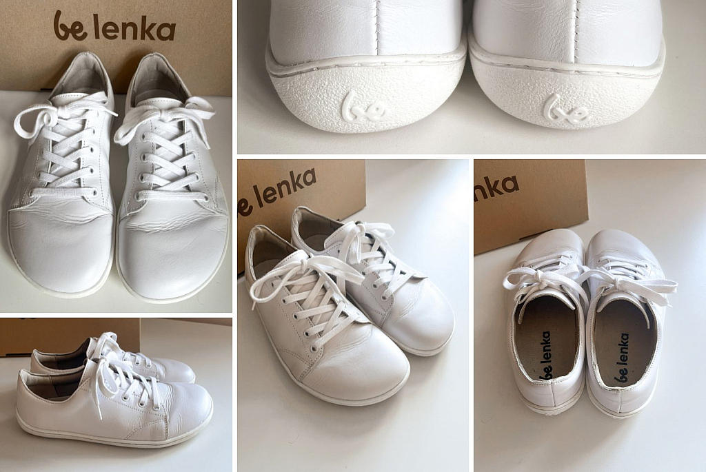Barefoot shoes review - BeLenka Prime 2.0 white sneakers from different angles in a grid - Lookforsmile.com