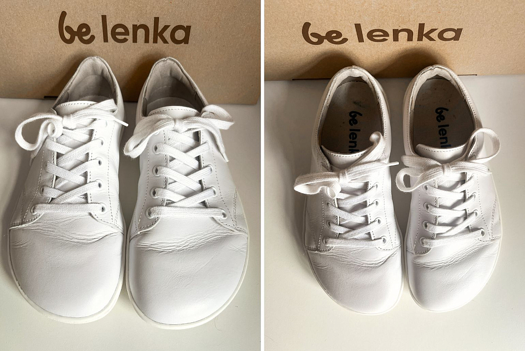 Barefoot shoes review - BeLenka Prime 2.0 white sneakers from the top with visible wearing creases - Lookforsmile.com