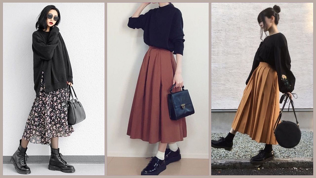 Inspiration for feminine looks with adrogen-style shoes: flowy skirts with black jumpers - barefoot shoes for wide feet - Lookforsmile.com